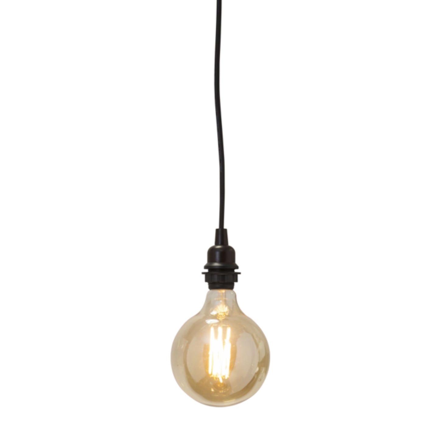 Lampeholder E27 med ledning, rund pære med synlig glødetråd, hænger i sort ledning.