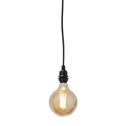 Lampeholder E27 med ledning, rund pære med synlig glødetråd, hænger i sort ledning.