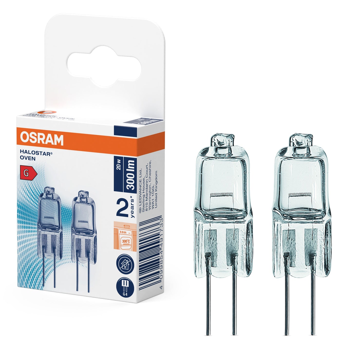 Osram Halostar Oven ovnlampe G4 20W 2-pak æske og to klare halogenpærer med metalben ved siden af.
