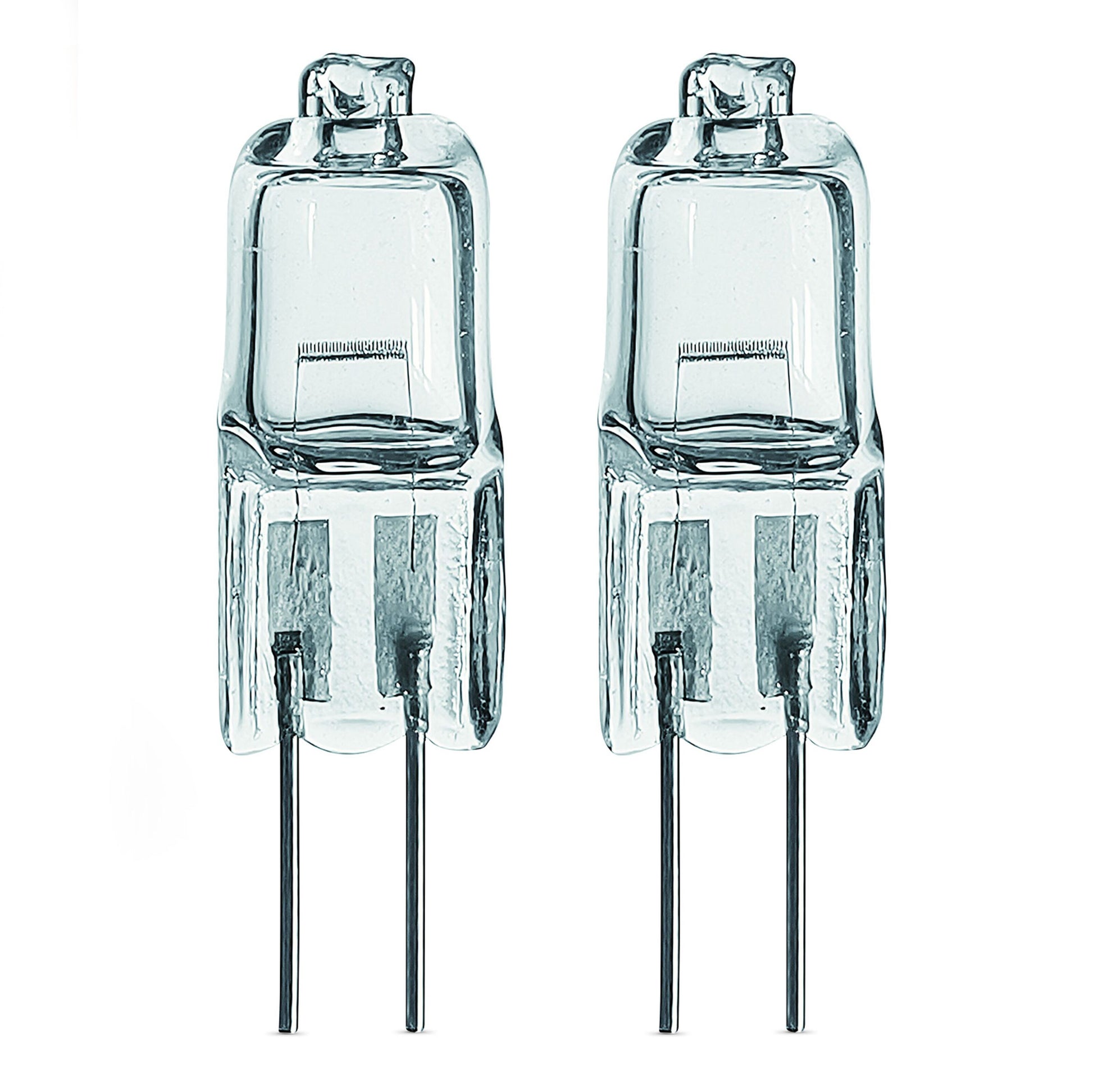 Osram Halostar Oven ovnlampe G4 10W, to pærer fra 2-pak, står oprejst ved siden af hinanden med metalben.