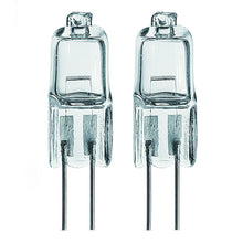 Osram Halostar Oven ovnlampe G4 10W, to pærer fra 2-pak, står oprejst ved siden af hinanden med metalben.