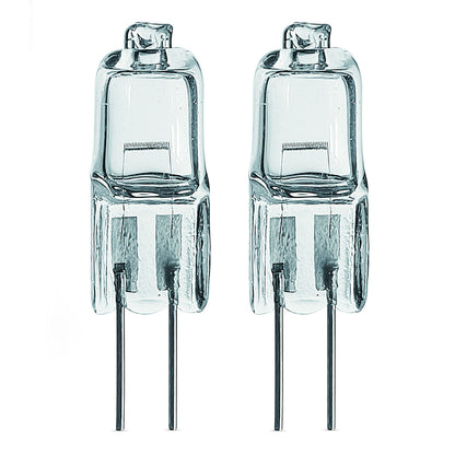 Osram Halostar Oven ovnlampe G4 10W, to pærer fra 2-pak, står oprejst ved siden af hinanden med metalben.