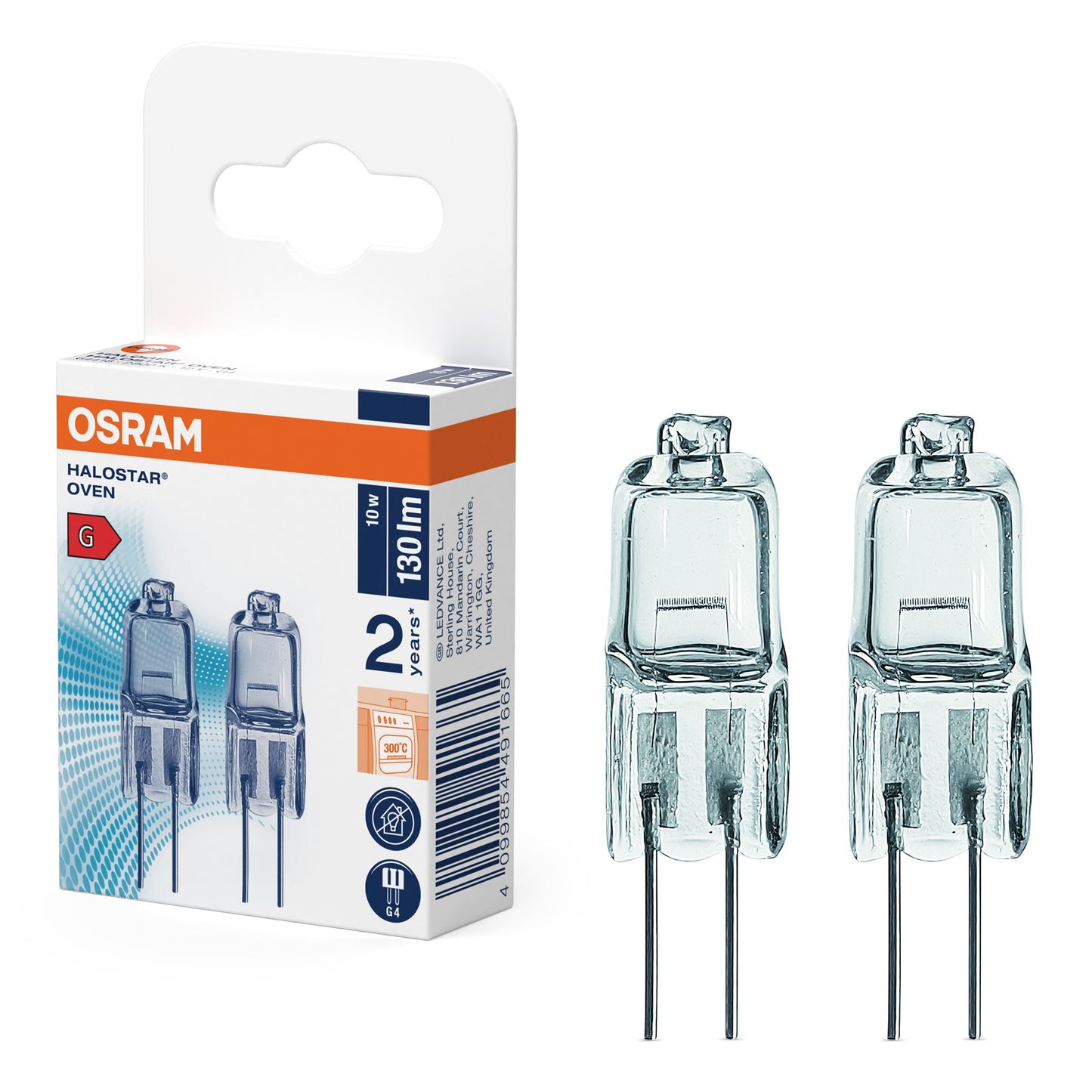 Osram Halostar Oven ovnlampe G4 10W 2-pak i klar emballage med produktinfo og illustration af pærerne på forsiden.