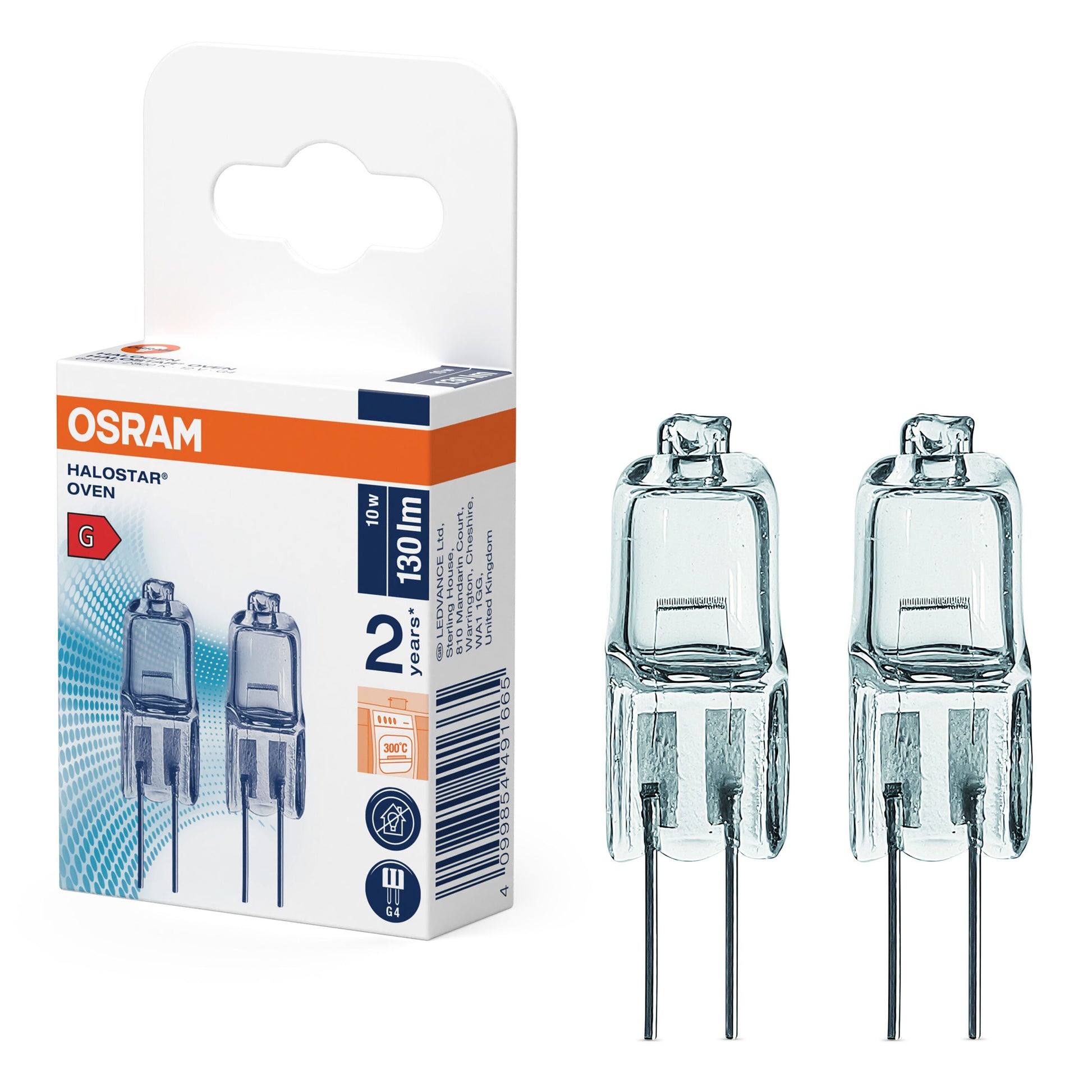 Osram Halostar Oven ovnlampe G4 10W 2-pak i klar emballage med produktinfo og illustration af pærerne på forsiden.