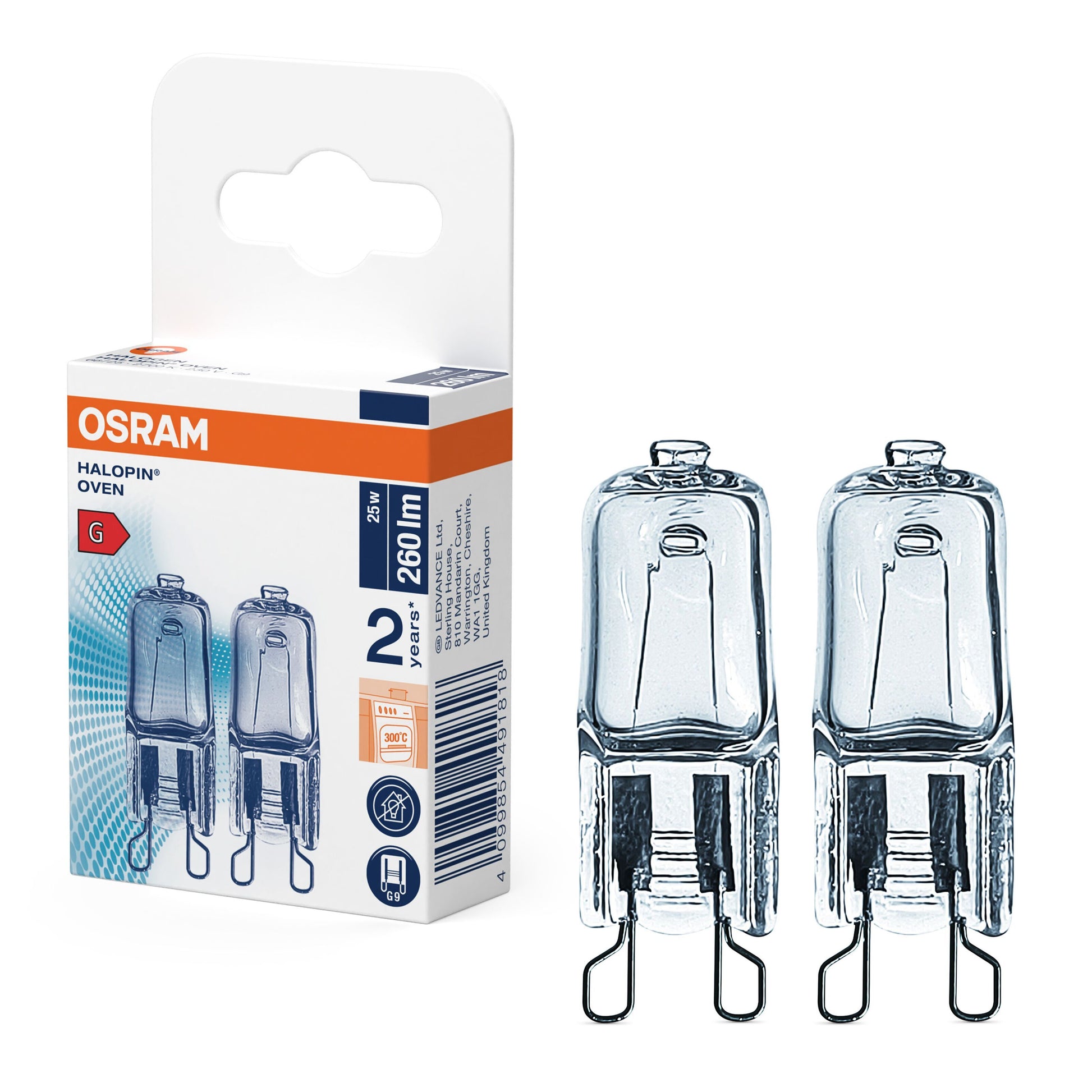Osram Halopin ovnlampe G9 25W 2-pak ved siden af hvid/orange æske med Osram-logo.