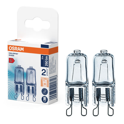 Osram Halopin ovnlampe G9 25W 2-pak ved siden af hvid/orange æske med Osram-logo.
