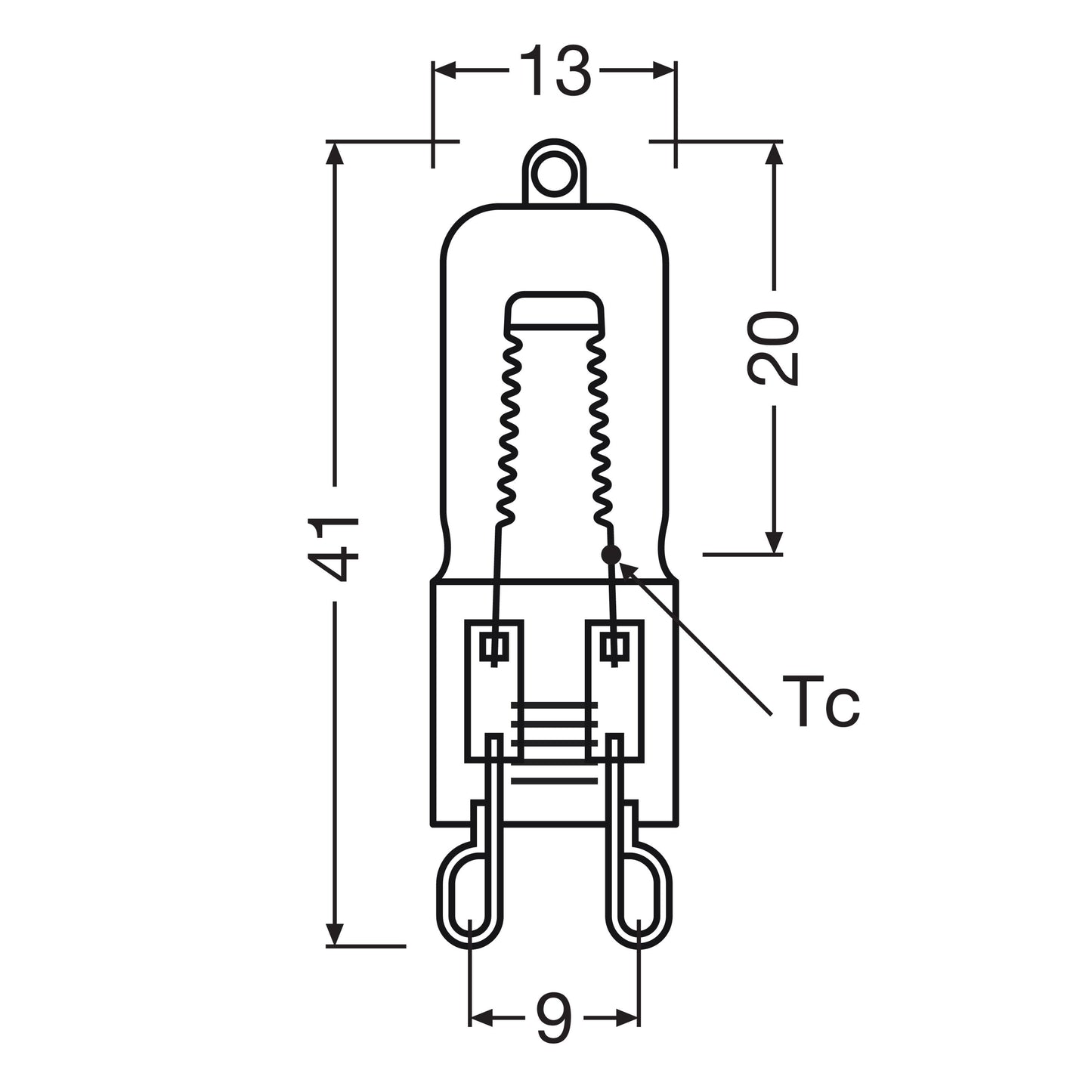Osram Halopin ovnlampe G9 25W 2-pak, teknisk tegning med mål: 41 mm højde, 13/9 mm bredde, Tc punkt ved base.