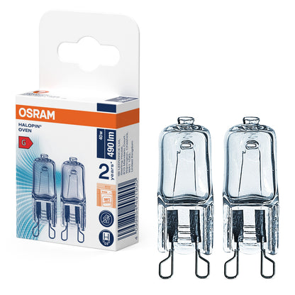 Osram Halopin ovnlampe G9 40W 2-pak, to pærer ved siden af hvid/blå æske med produktinfo, illustration og orange label.