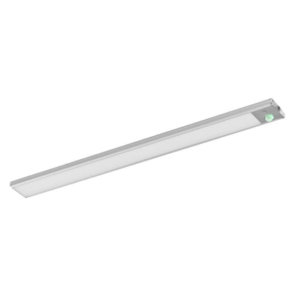 Osram Lineær LED underskabsbelysning 40cm, hvid diffuser, grøn bevægelsessensor i den ene ende, rektangulær.