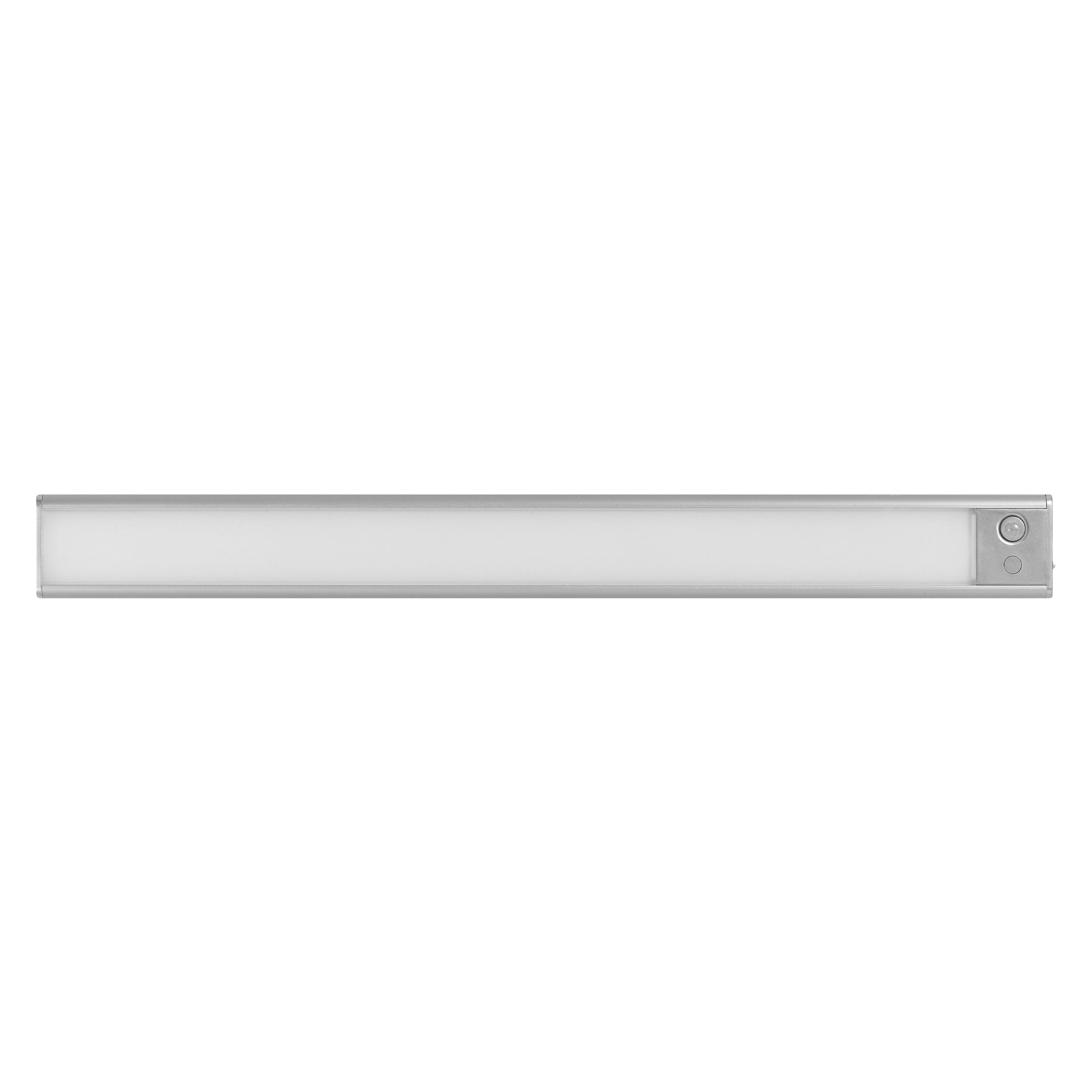 Osram Lineær LED underskabsbelysning med sensor 40cm, slank sølvfarvet rektangulær bar, rund knap til højre, batteridrevet.