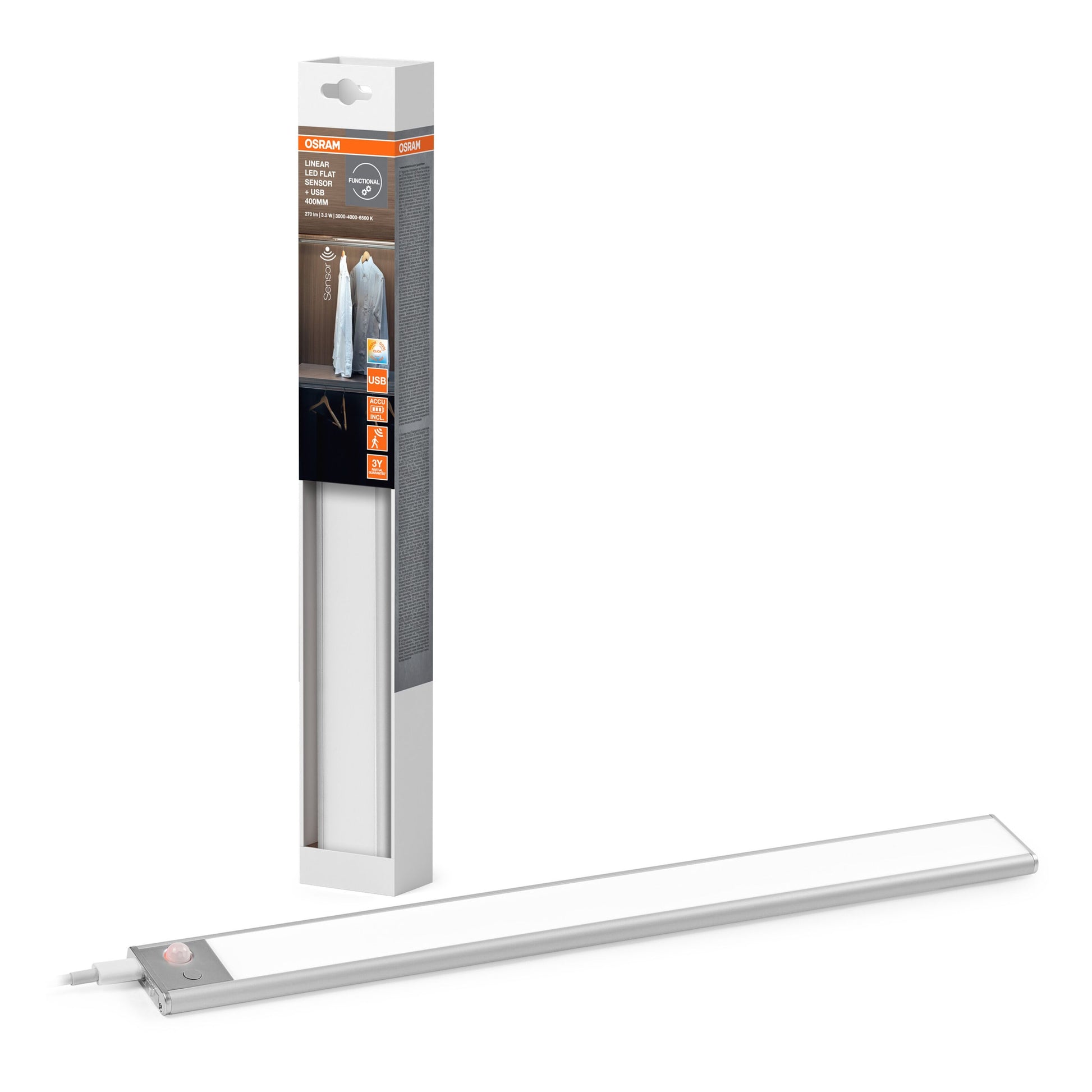 Osram Lineær LED underskabsbelysning med sensor 40cm, synlig strømledning, produktoplysninger på emballage.