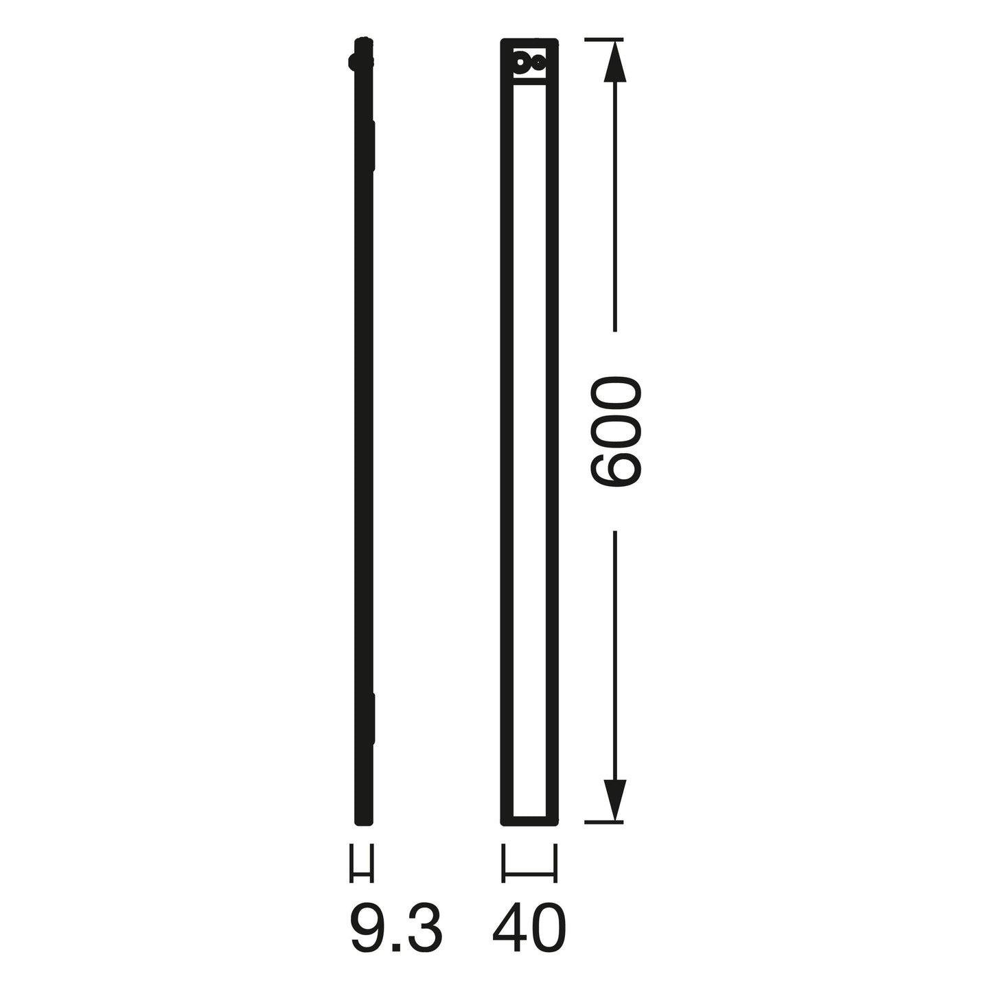 Osram Lineær LED underskabsbelysning 60cm, sensorstyring, USB genopladelig, 9.3mm bred, 40mm dyb, 600mm høj vises fra tre vinkler.
