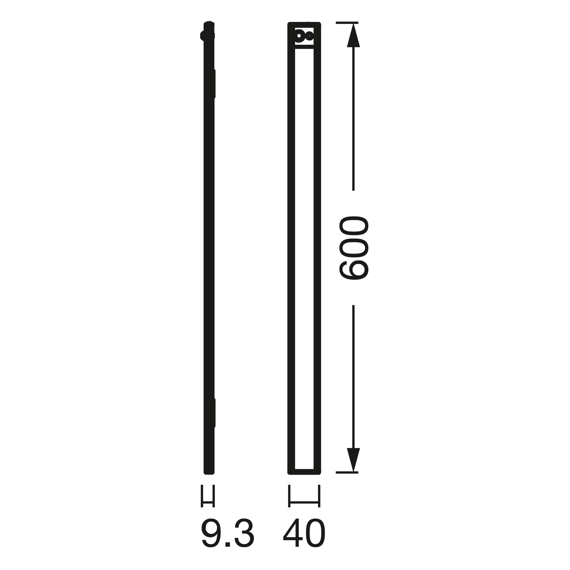 Osram Lineær LED underskabsbelysning 60cm, sensorstyring, USB genopladelig, 9.3mm bred, 40mm dyb, 600mm høj vises fra tre vinkler.