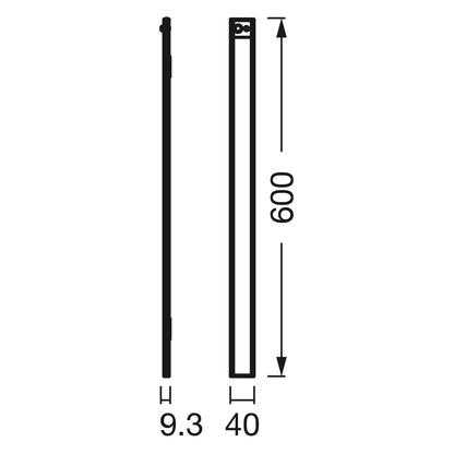 Osram Lineær LED underskabsbelysning 60cm, sensorstyring, USB genopladelig, 9.3mm bred, 40mm dyb, 600mm høj vises fra tre vinkler.