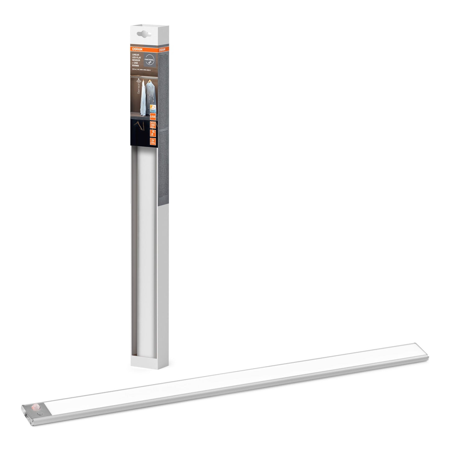 Osram Lineær LED underskabsbelysning 60cm hvid med sensorstyring, USB-genopladelig, vises ved æske med produktinfo.