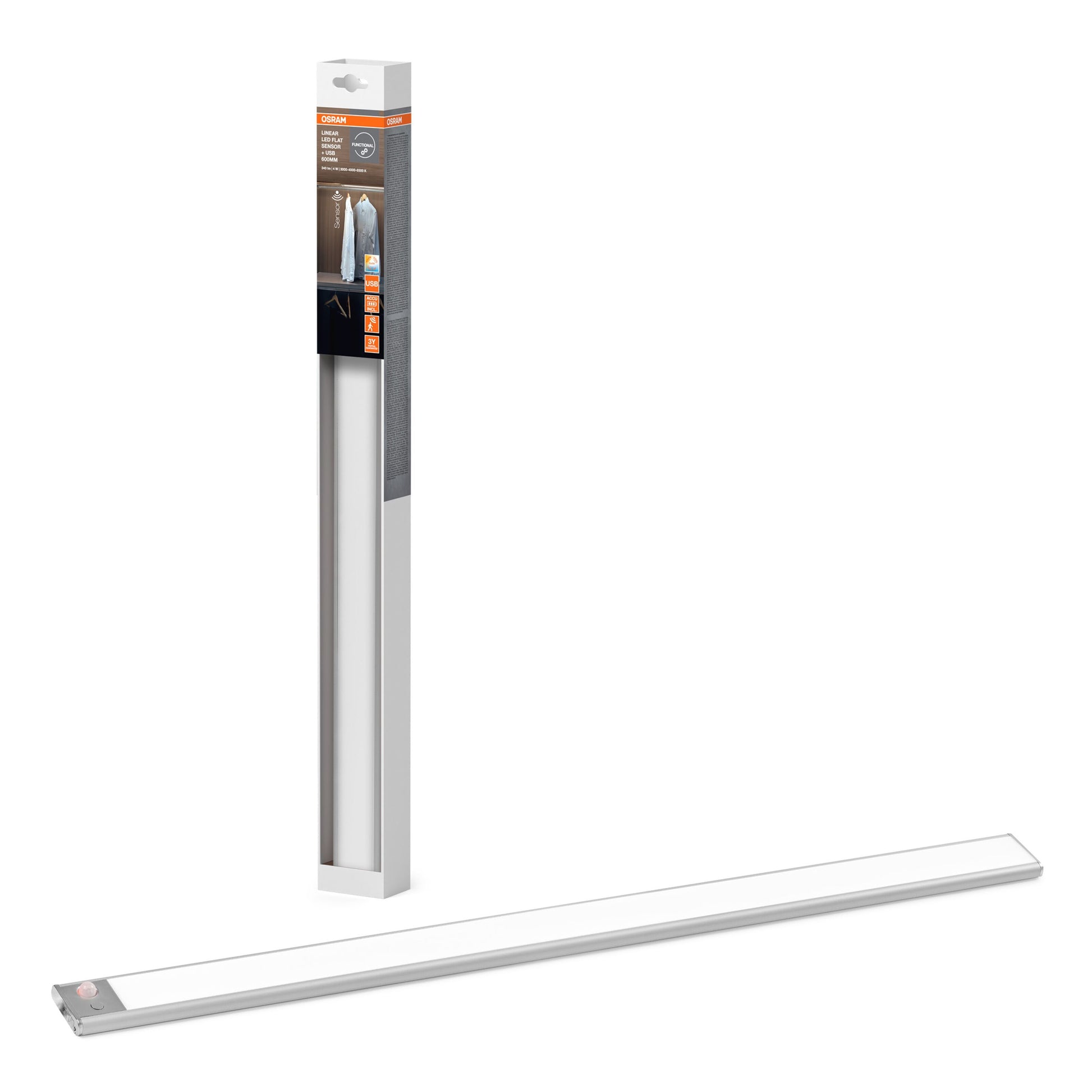 Osram Lineær LED underskabsbelysning 60cm hvid med sensorstyring, USB-genopladelig, vises ved æske med produktinfo.