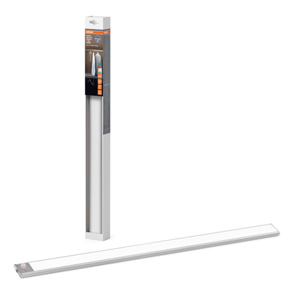 Osram Lineær LED underskabsbelysning 60cm hvid med sensorstyring, USB-genopladelig, vises ved æske med produktinfo.