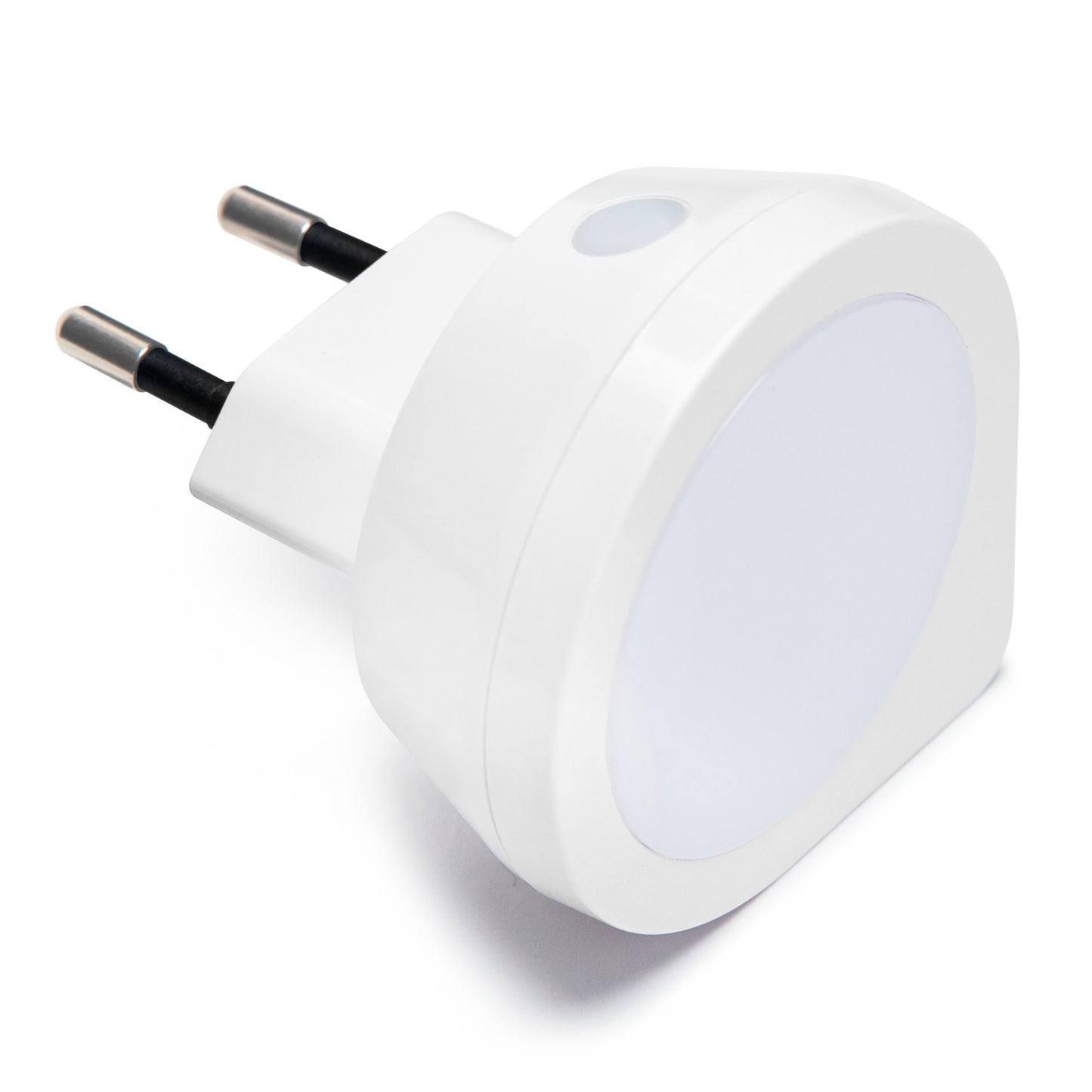 LED natlampe Mini, rund med matteret front, skumringsrelætop, to metalben til EU-stik.