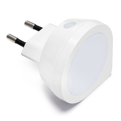 LED natlampe Mini, rund med matteret front, skumringsrelætop, to metalben til EU-stik.