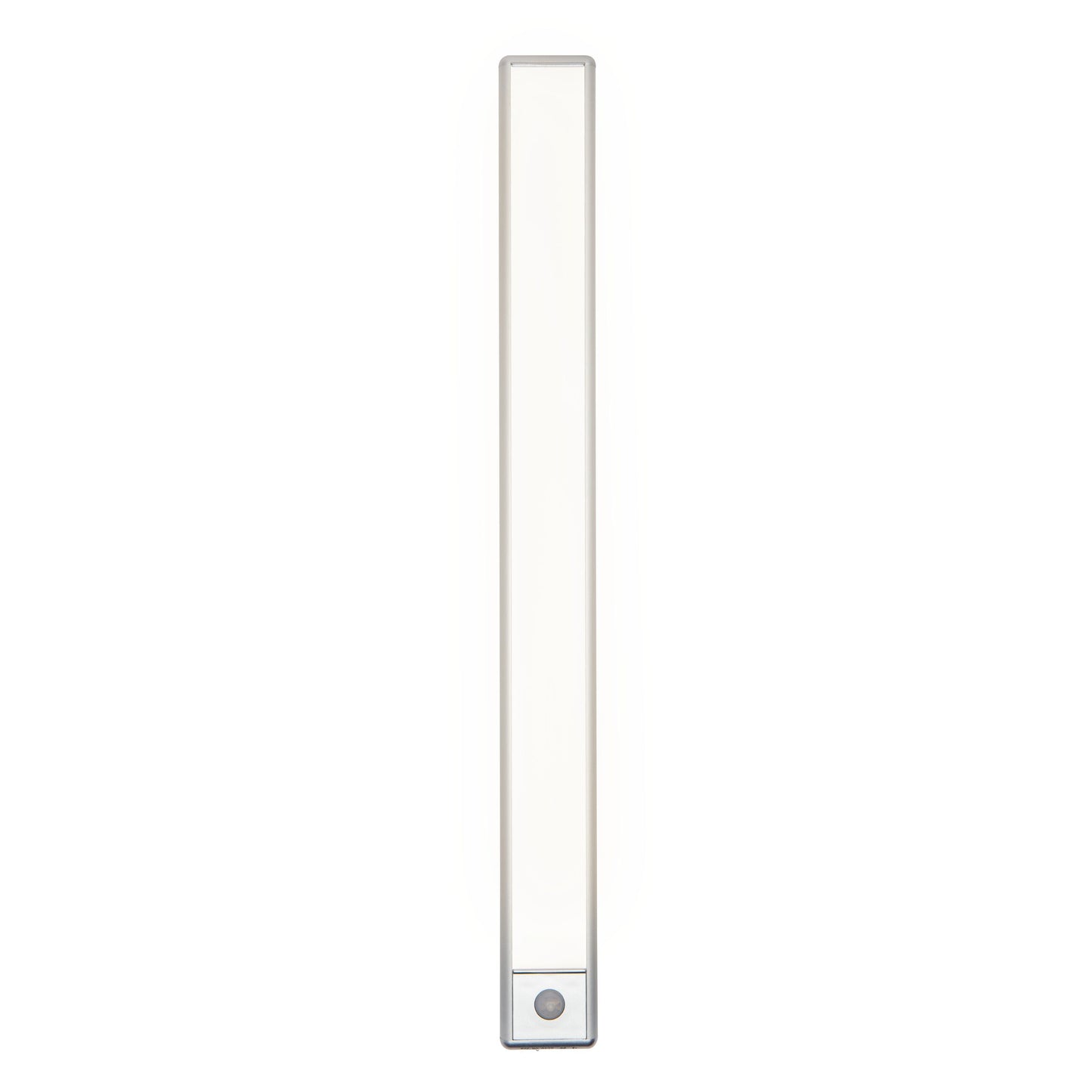 Genopladelig magnetisk LED-lysramme 40 cm, sølv ramme, rektangulær, lille rund knap nederst i midten.