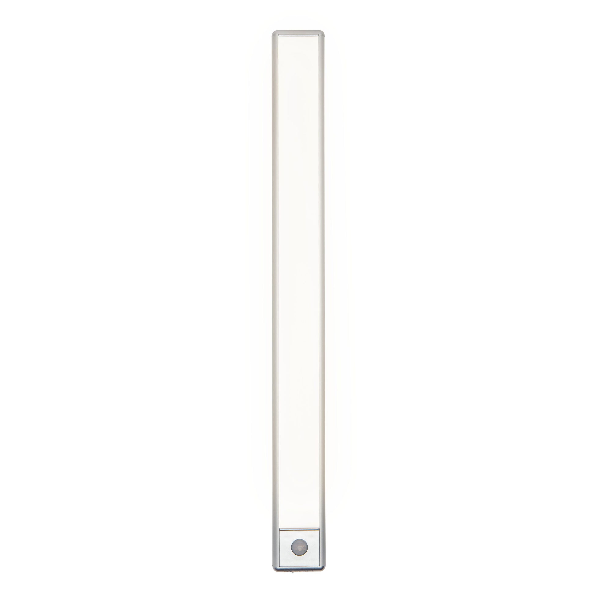 Genopladelig magnetisk LED-lysramme 40 cm, sølv ramme, rektangulær, lille rund knap nederst i midten.