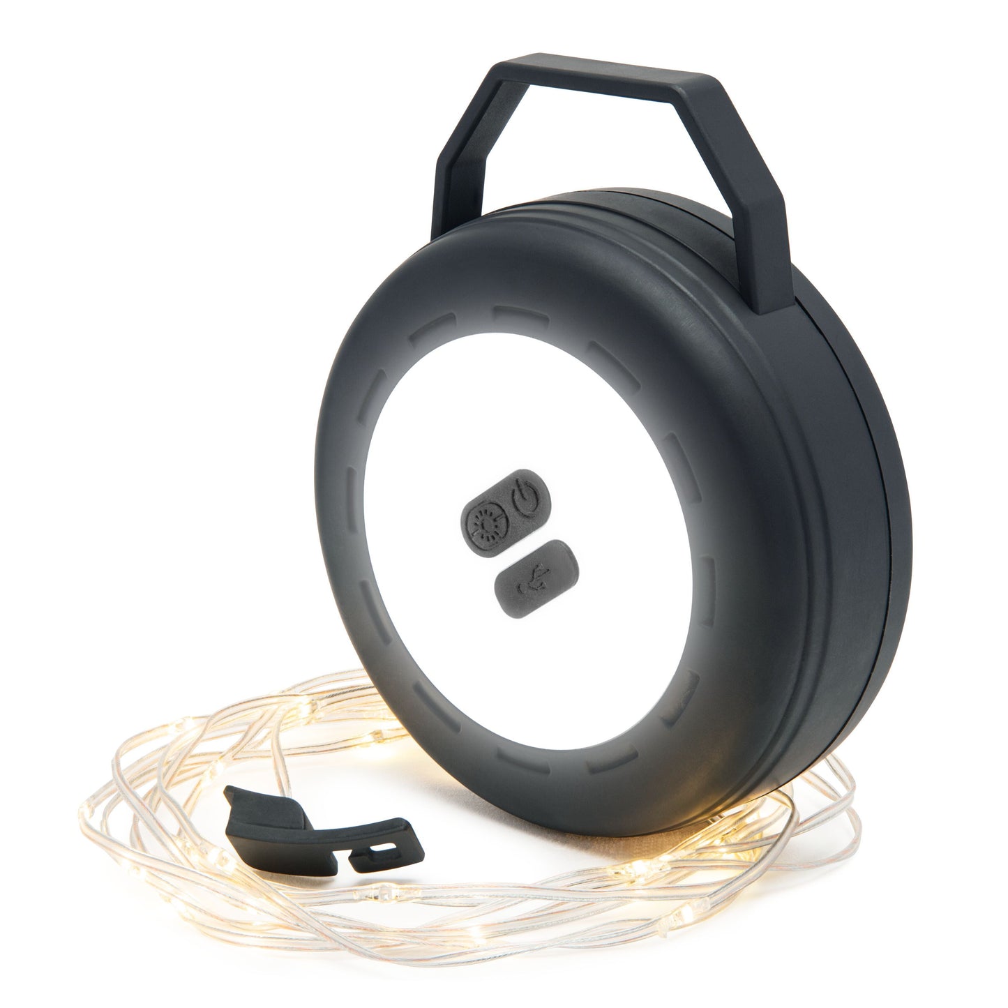 Bærbar sort campinglygte med håndtag, to frontknapper, lang LED-lysliste på siden, genopladeligt batteri og lille klips.