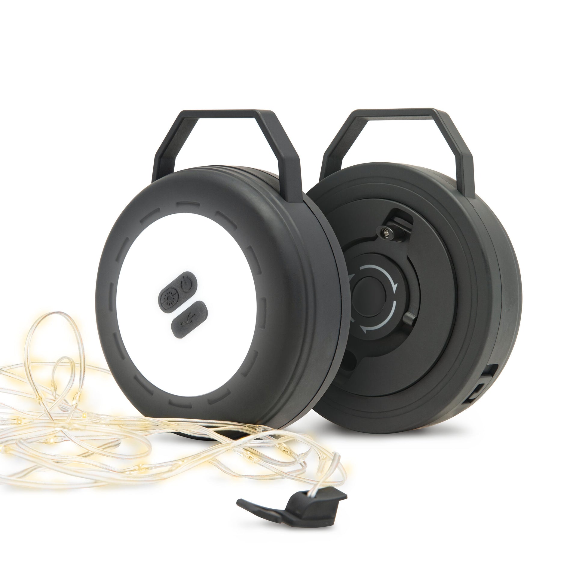 Bærbar rund sort LED campinglygte med knapper, frontpanel, genopladeligt batteri og påmonteret spiral LED-lysliste.