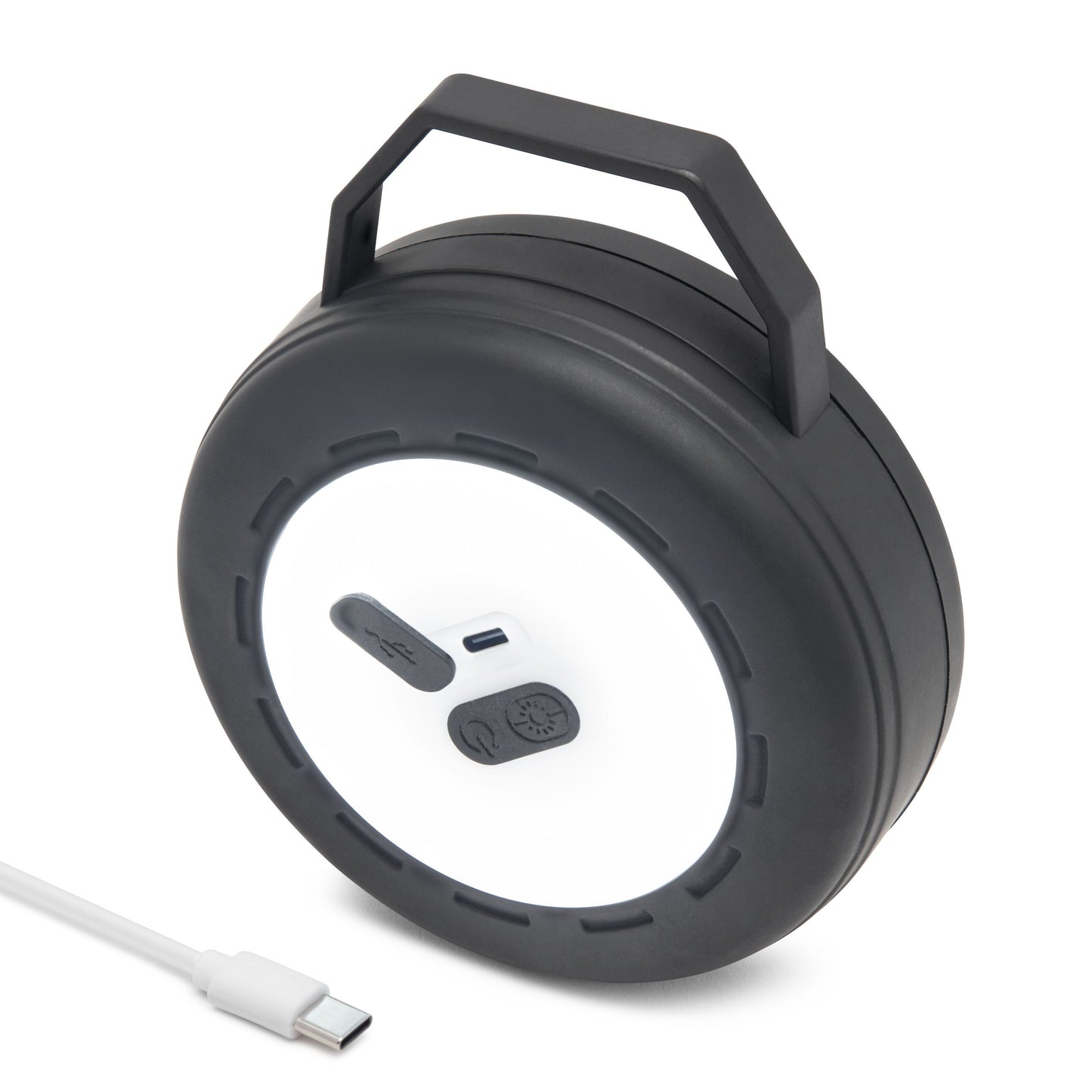 Bærbar rund sort LED-campinglygte med håndtag, frontknapper, opladningsport, genopladeligt batteri og USB-C-kabel.