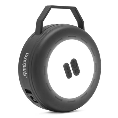 Luxorparts bærbar rund sort campinglygte med LED-lysliste, to knapper med symboler, topgreb og luxorparts-logo på siden.