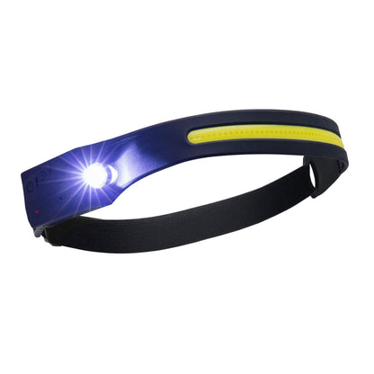 Genopladelig LED-pandelampe med bevægelsessensor, sort/blå, justerbar elastik, hvide og gule lys.