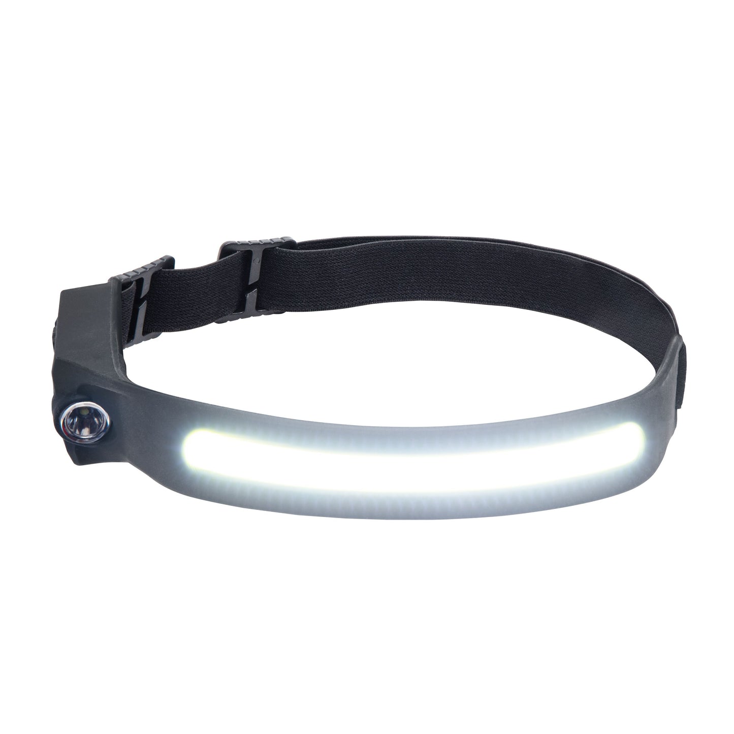 Luxorparts genopladelig sort LED pandelampe med justerbar rem, buet hvid LED-lysstribe og bevægelsessensor.