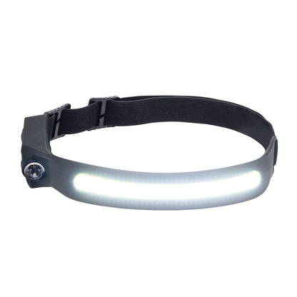 Luxorparts genopladelig sort LED pandelampe med justerbar rem, buet hvid LED-lysstribe og bevægelsessensor.