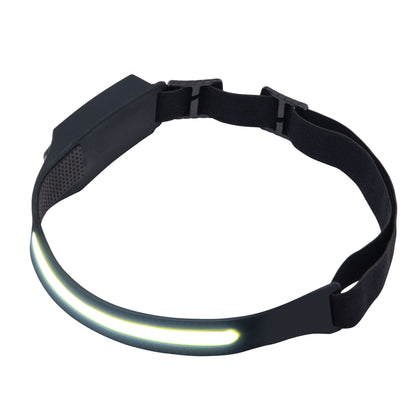 Genopladelig sort LED-pandelampe med buet frontlys, spænde og bevægelsessensor.