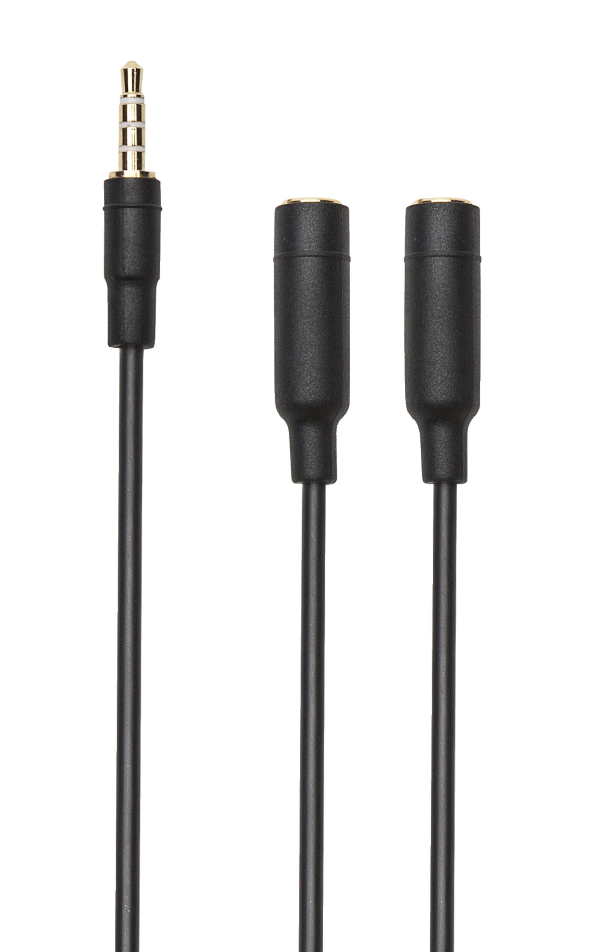 Adapter til computerheadset sort, ét han- og to hunstik 3,5 mm til mobil, konsol og computer.