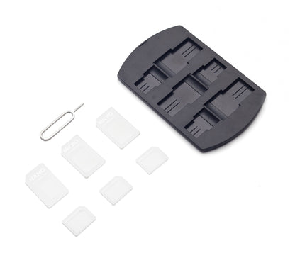 Linocell adapterkit til SIM-kort, sort opbevaringsæske med seks hvide SIM-adaptere (nano, micro, standard) og SIM-udskyder.