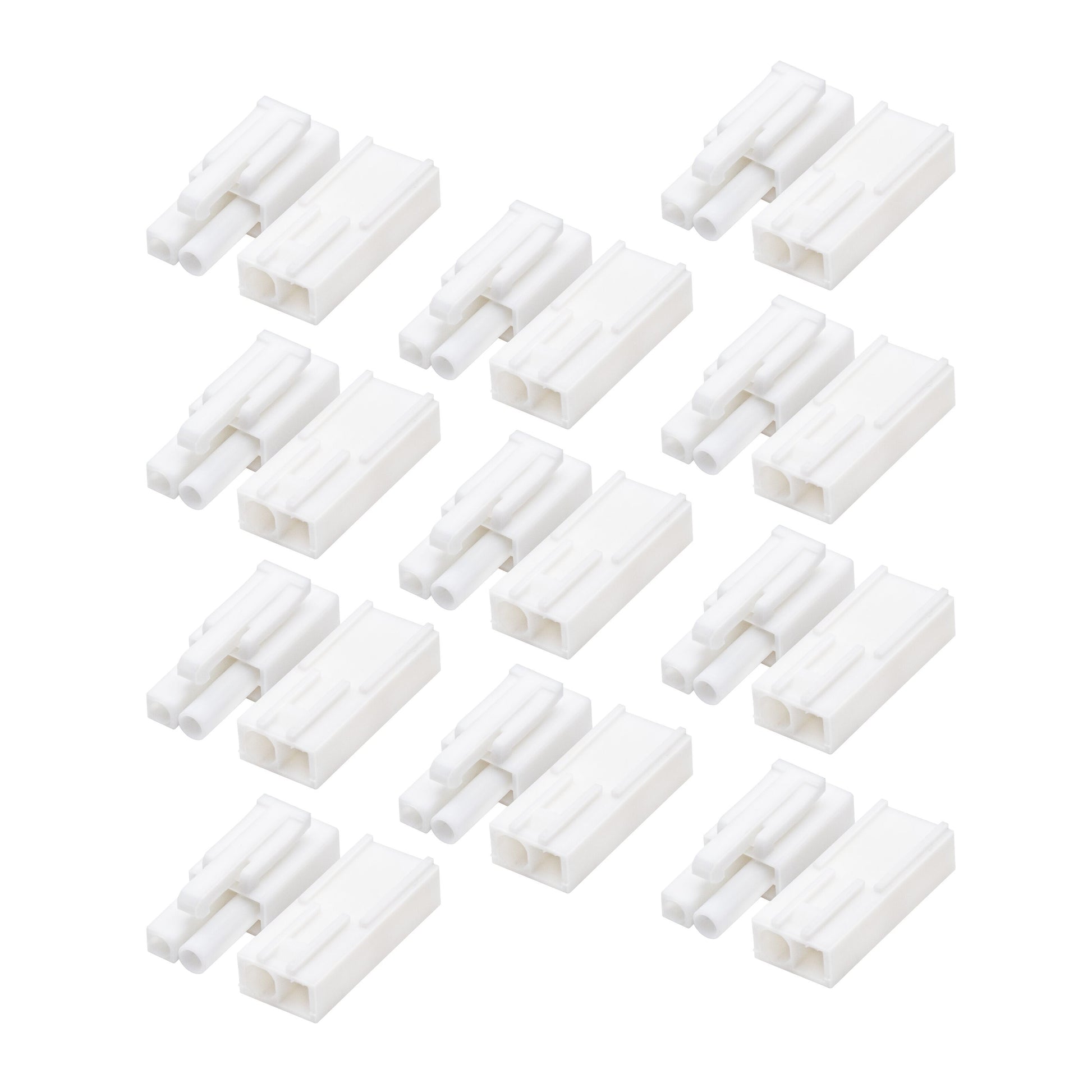 10 par Mini Tamiya stik, hvide, 2-polet design til batteritilslutning i RC køretøjer.