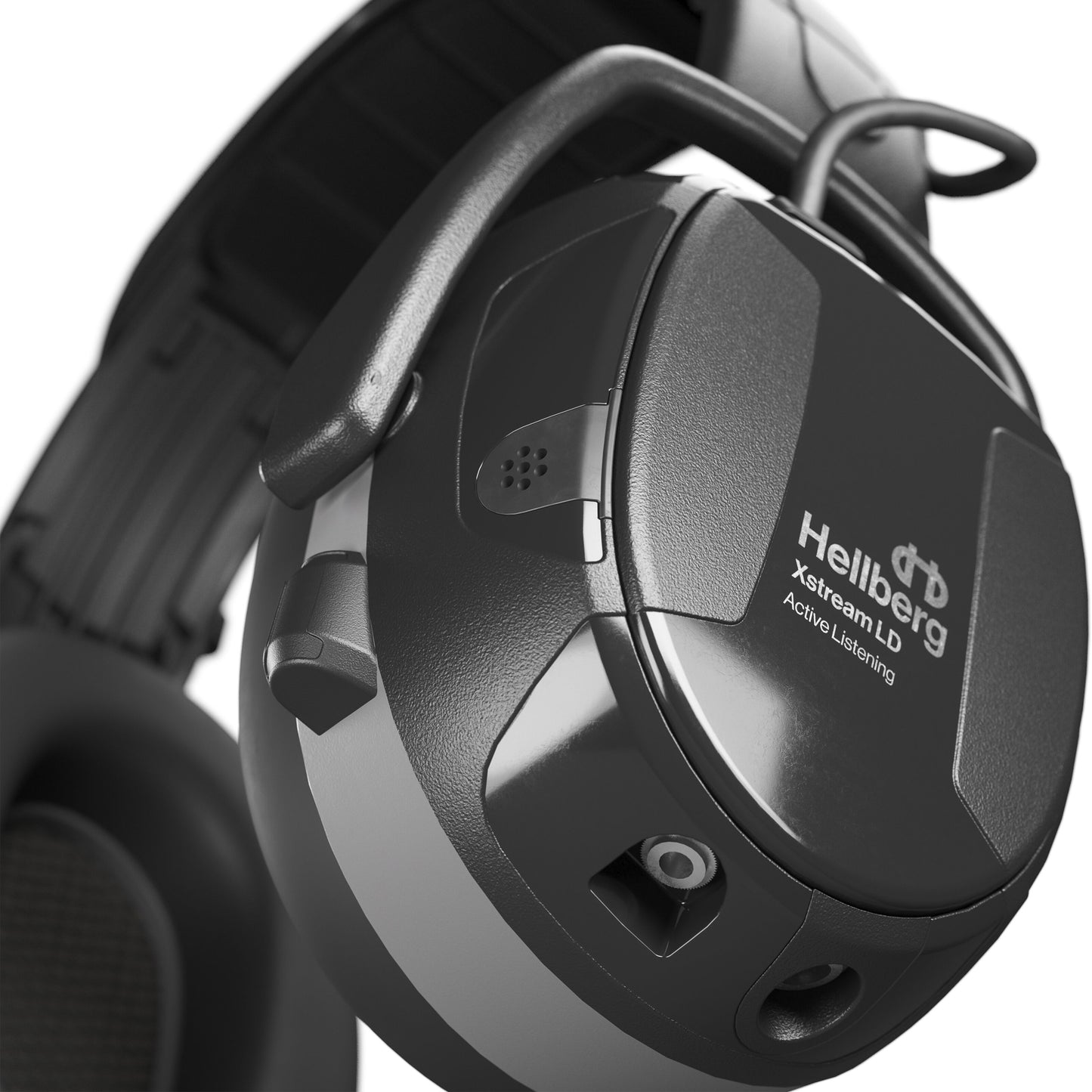 Hellberg Xstream LD høreværn sort ørekop, indbygget mikrofon, logo og Active Listening Bluetooth vises.