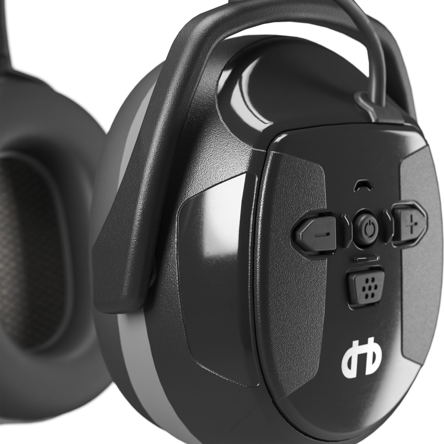 Hellberg Xstream LD Bluetooth høreværn med kontrolknapper, mikrofon på ørekoppen, buet bøjle og hvidt logo nederst.