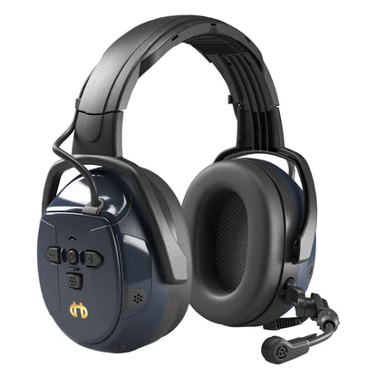 Hellberg Xstream MP sorte/mørkeblå over-ear hovedtelefoner med boom-mikrofon, tykke puder, knapper og Bluetooth multipoint.