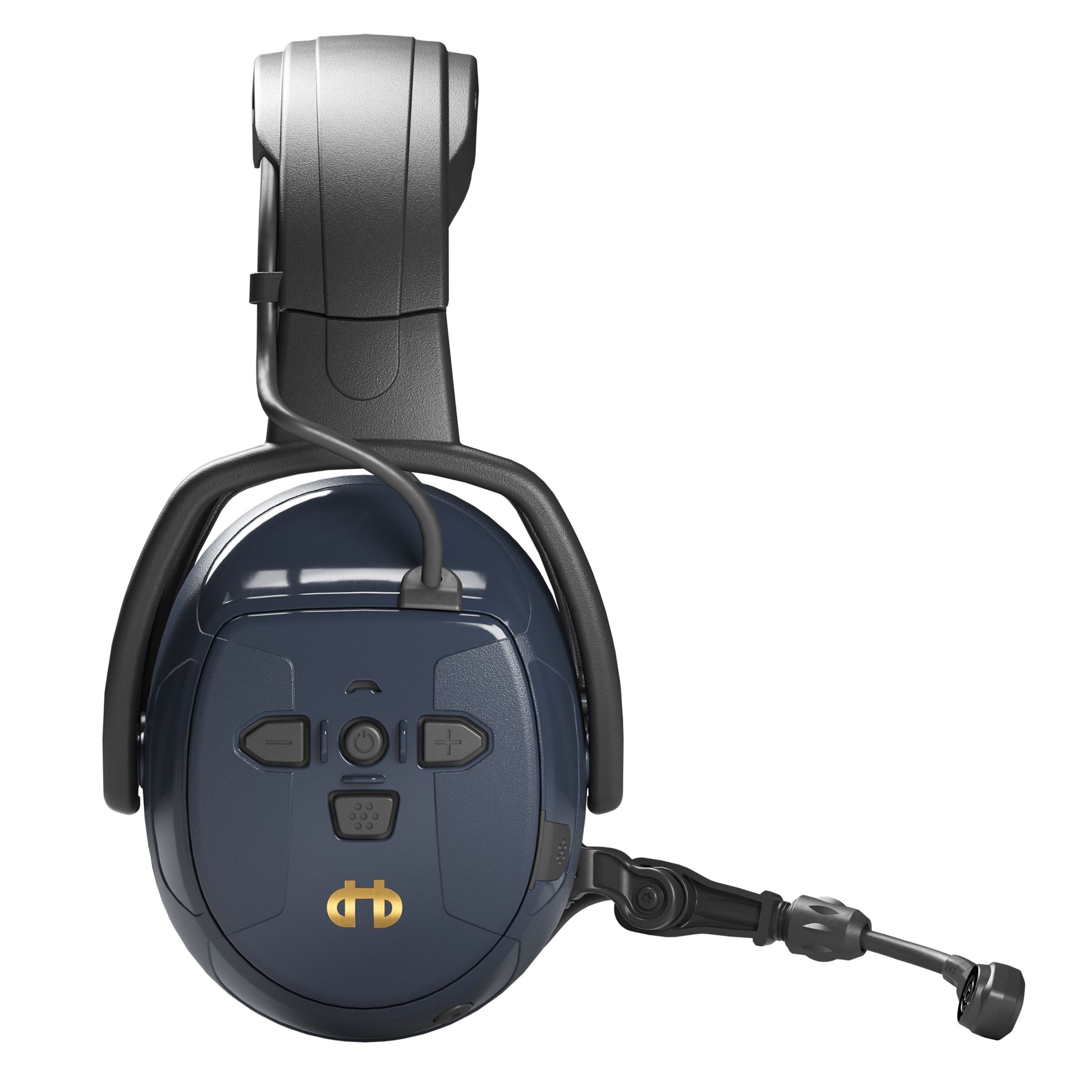 Hellberg Xstream MP over-ear hovedtelefoner, sort/mørkeblå, multipoint, foldbar boom-mikrofon, guldfarvet logo.