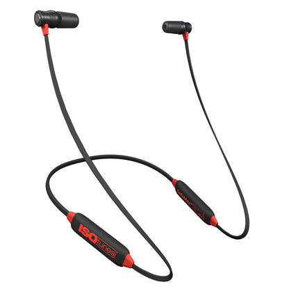 Isotunes Xtra 2.0 EN352 sort/rød in-ear neckband høreværn med fleksibelt kabel og Isotunes-logo på venstre side.