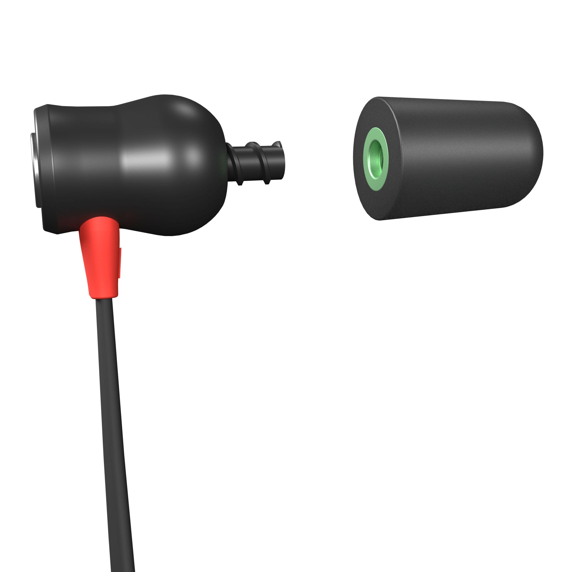 Isotunes Xtra 2.0 EN352 Bluetooth in-ear høreværn med rød kabeldetalje ved siden af sort skumøreprop med grøn inderring.