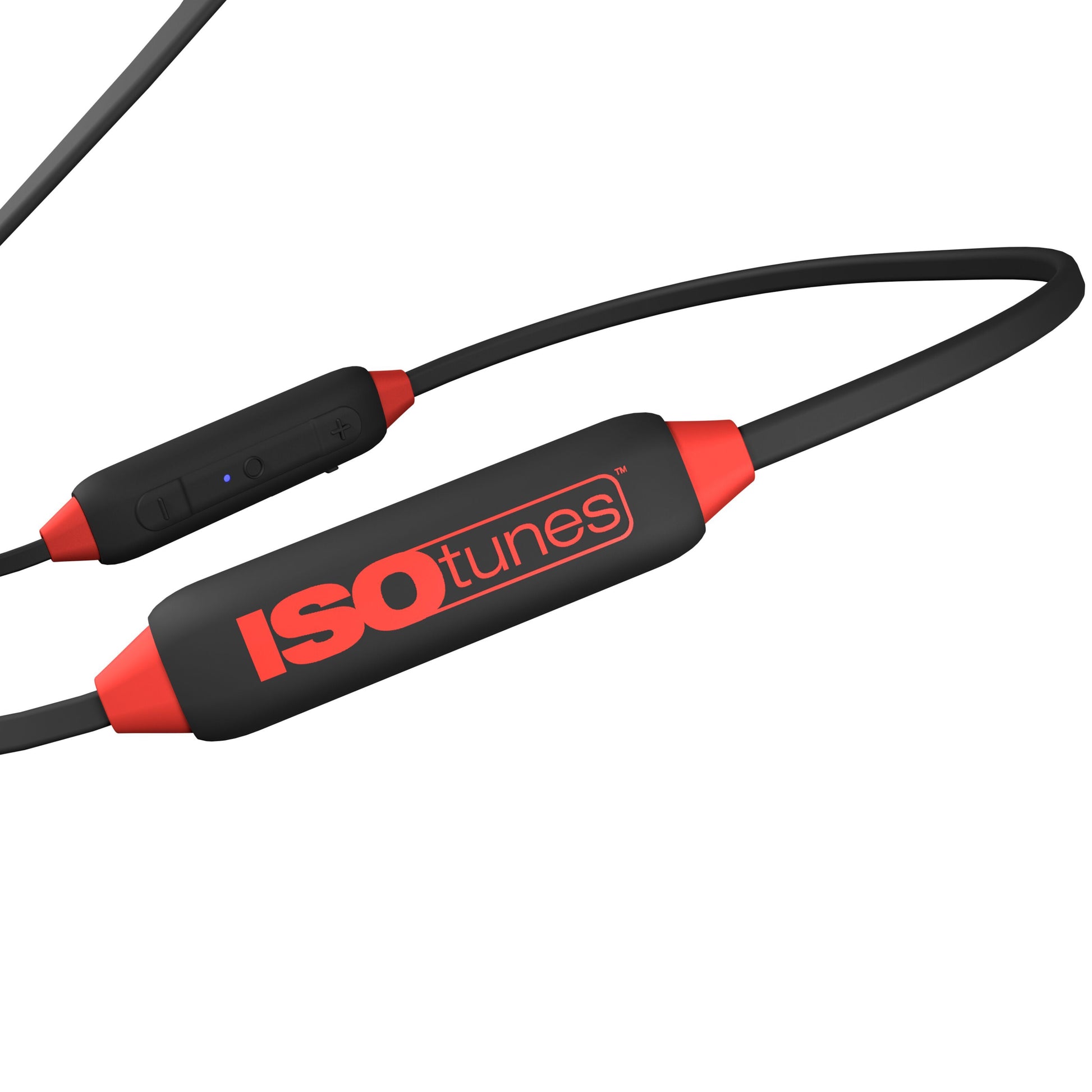 Isotunes Xtra 2.0 EN352 Bluetooth høreværn sort/orange, kontrolmodul med knapper og rødt Isotunes-logo.