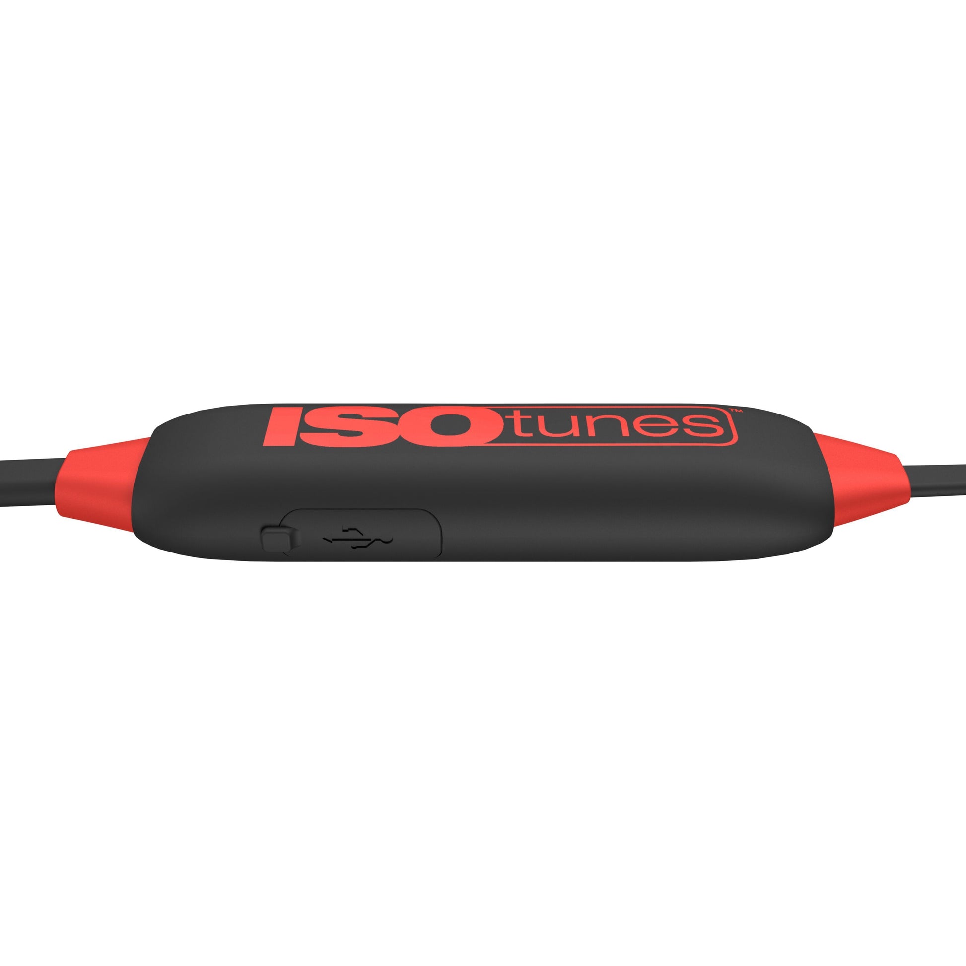 Isotunes Xtra 2.0 EN352 høreværn med Bluetooth, sort/rød, Isotunes-logo på toppen og USB-port på siden.