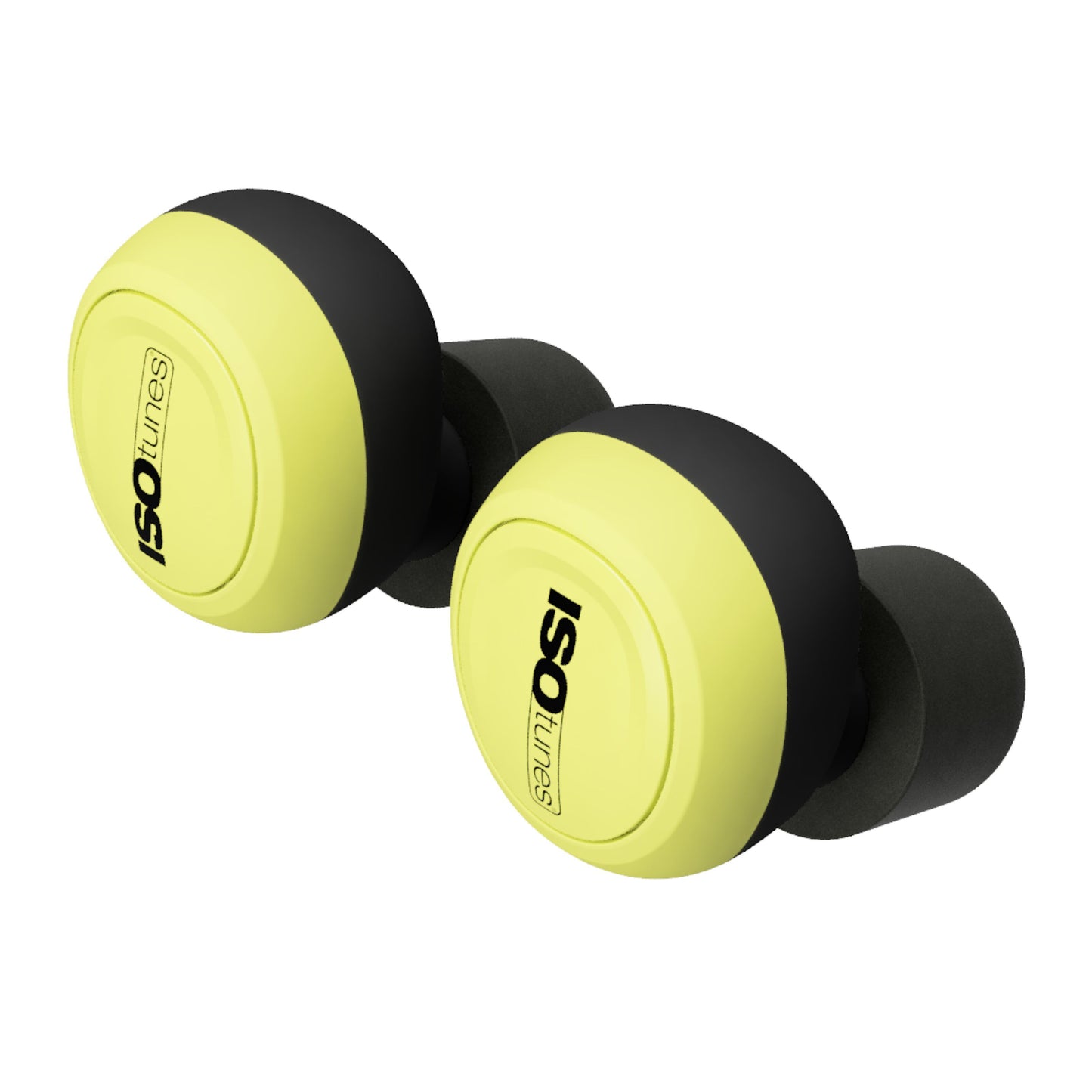 ISOtunes Free 2.0 Bluetooth-øreværn med gule yderskaller, sorte ørepropper og sort ISOtunes-logo på hver øreprop.
