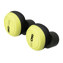 ISOtunes Free 2.0 Bluetooth-øreværn med gule yderskaller, sorte ørepropper og sort ISOtunes-logo på hver øreprop.