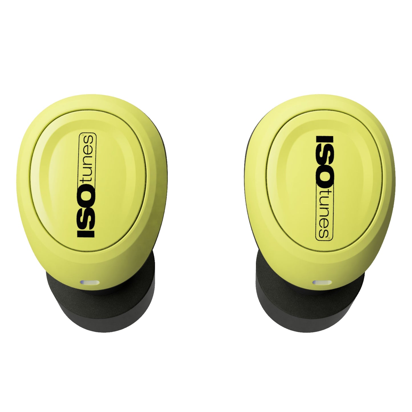Isotunes Free 2.0 gule Bluetooth-høreværn med sorte ørepropper og sort Isotunes-logo på hver øreprop.