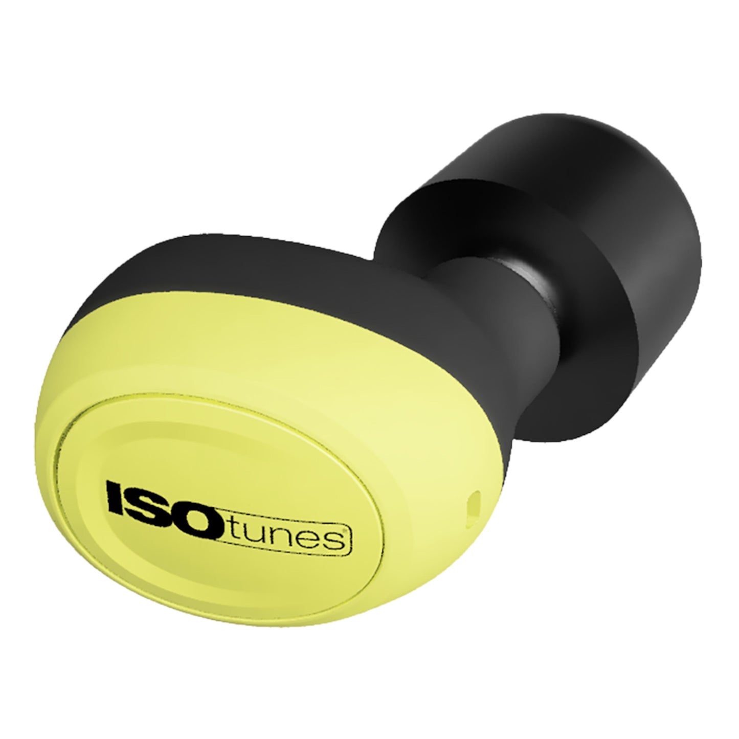 Isotunes Free 2.0 sort og gul trådløst Bluetooth høreværn med synligt Isotunes logo på den ydre gule flade.