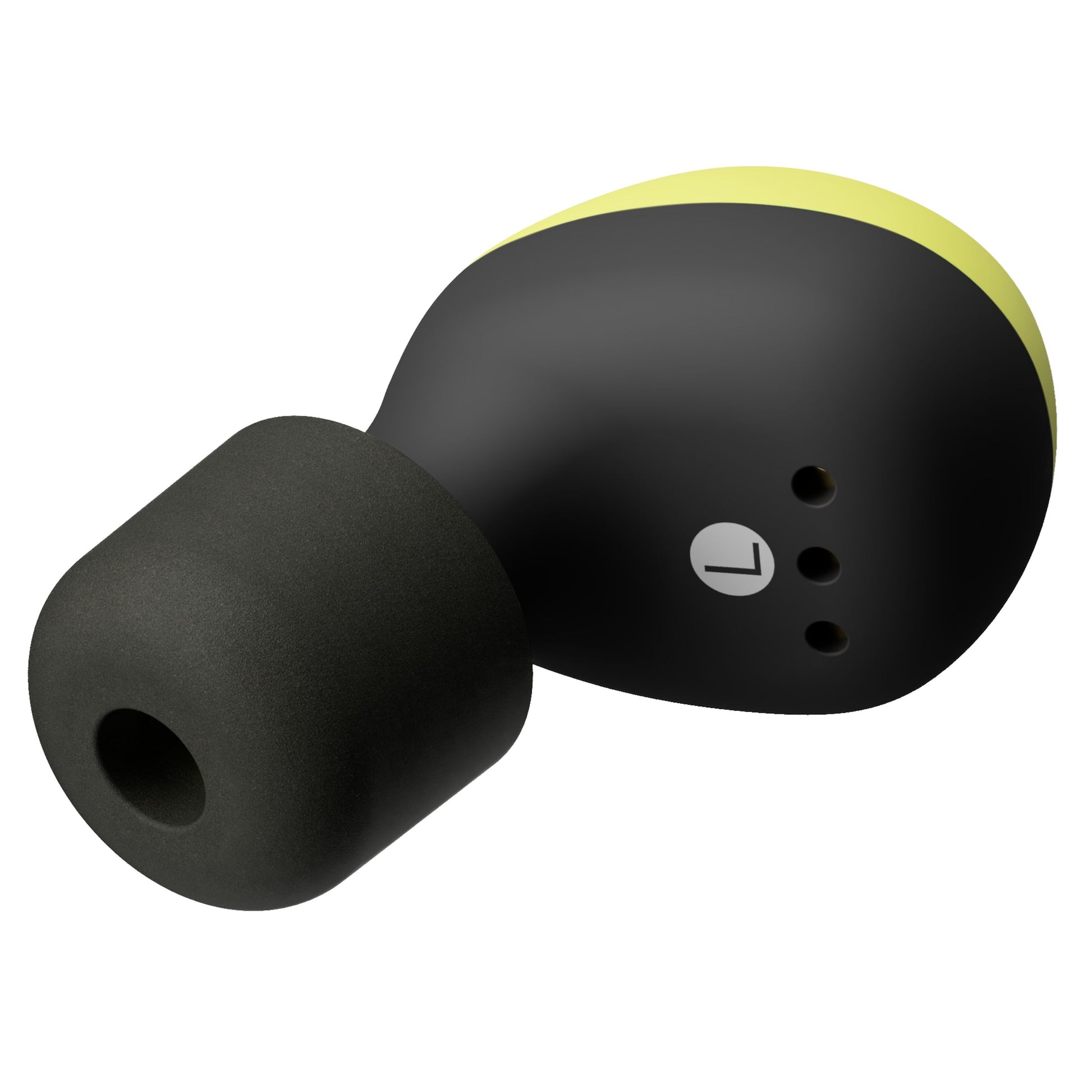 Isotunes Free 2.0 høreværn Bluetooth sort med gul detalje, silikone øretip, små indikatorikoner på yderside.