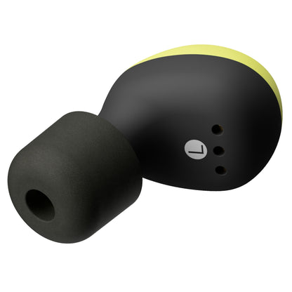 Isotunes Free 2.0 høreværn Bluetooth sort med gul detalje, silikone øretip, små indikatorikoner på yderside.